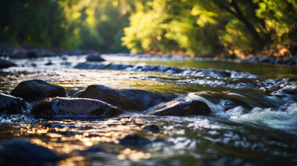 Fototapeta premium Blurred bokeh of a calm, flowing river