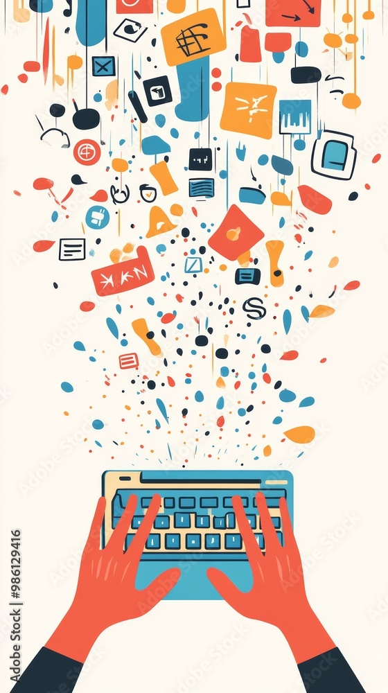 Aufkleber Animated hands typing on a keyboard surrounded by floating digital symbols. Represents creativity and digital communication.