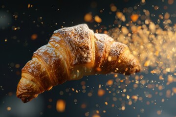 Falling delicious fresh baked croissant on black background. French pastry
