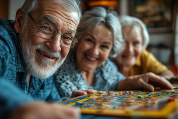 Fototapeta premium Elderly people smiling and taking a selfie while playing a board game, in an indoor setting with natural lighting. 