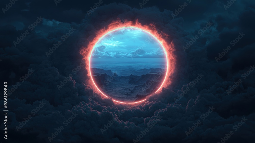 Poster Surreal landscape with a glowing circular portal in the sky, surrounded by clouds and vast mountainous terrain in the distance.