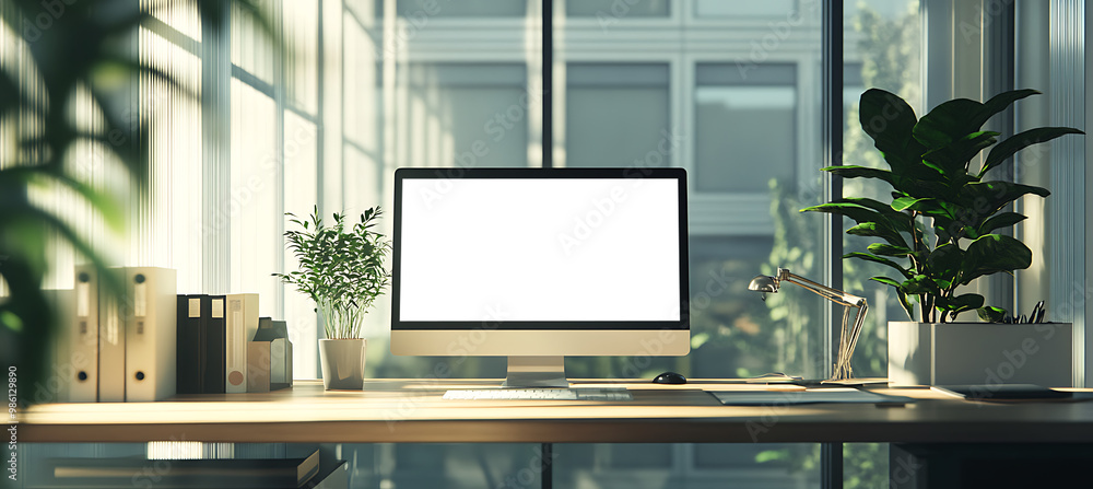 Poster contemporary computer screen mockup in a sleek office setting - transparent png banner for web desig