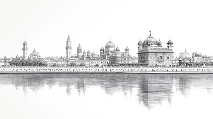 Amritsar, India, black and white pen pencil hand-drawn effect drawing illustration for travel poster, card, wallpaper, backdrop or banner. Modern, clear, artistic and simple