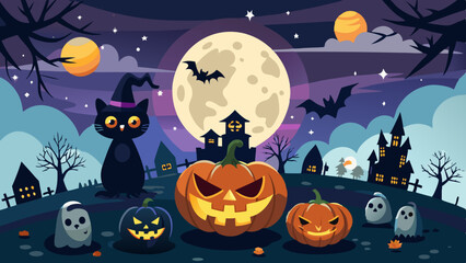 halloween backgrounds night with bright moon haunted house/castle with pumpkins and 
dark silhouettes ,bats and cats 

