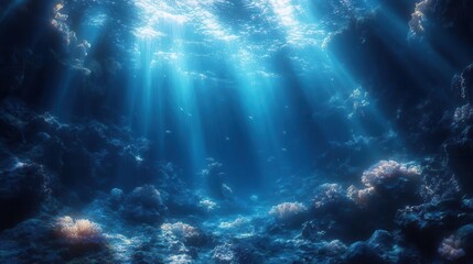 Fototapeta premium surreal underwater dreamscape bioluminescent sea creatures ethereal coral structures shimmering light rays deep ocean fantasy digital art masterpiece