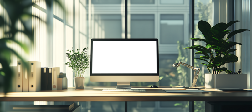 Contemporary Computer Screen Mockup in a Sleek Office Setting - Transparent PNG Banner for Web Designers, Marketers, and Creative Presentations