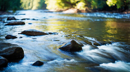 Blurred bokeh of a calm, flowing river