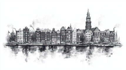 Fototapeta premium Amsterdam, Netherlands, black and white pen pencil hand-drawn effect drawing illustration for travel poster, card, wallpaper, backdrop or banner. Modern, clear, artistic and simple