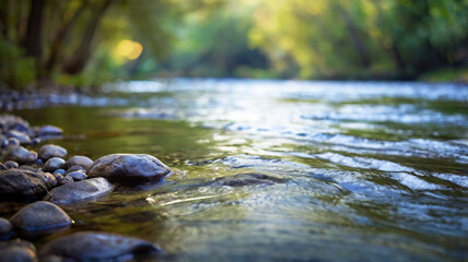 Blurred bokeh of a calm, flowing river
