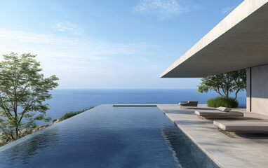 Fototapeta premium Modern infinity pool overlooking the ocean on a serene day with clear blue skies and lush greenery nearby