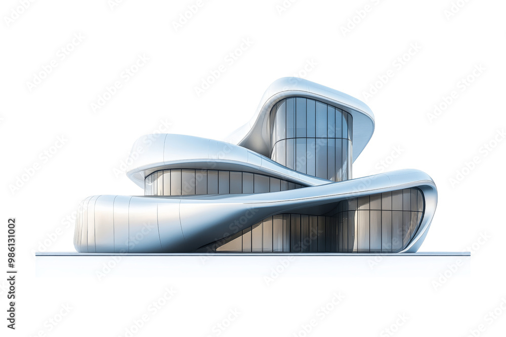 Aufkleber Futuristic office building with curved structures and metallic finish isolated on white background showcasing innovative design elements and bold geometry