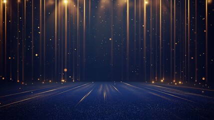 show case stage with gold  spotlights shimmering shining on stage with glitter glow dark blue background , luxurious stage idea for mock up	
