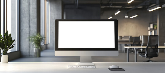 Clean and Professional Computer Screen Mockup in a Corporate Office - Transparent PNG Banner for Use in Digital Marketing and Design Projects
