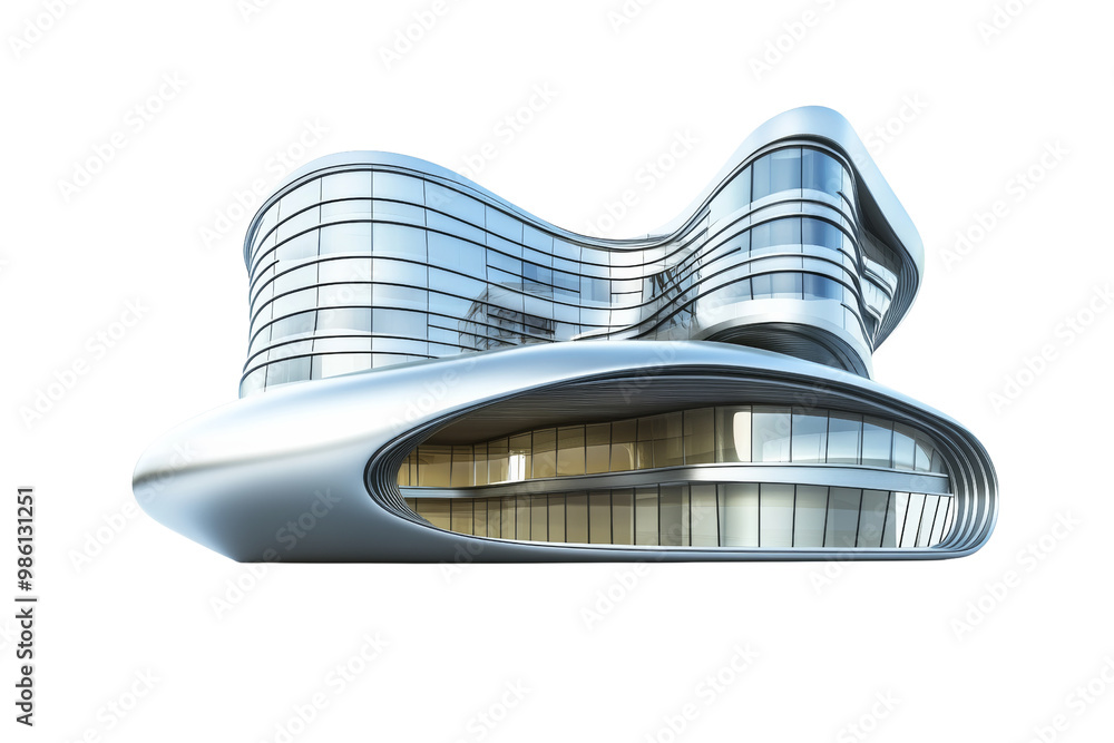 Aufkleber Futuristic office building with curved structures and metallic finish isolated on white background showcasing innovative design elements and bold geometry