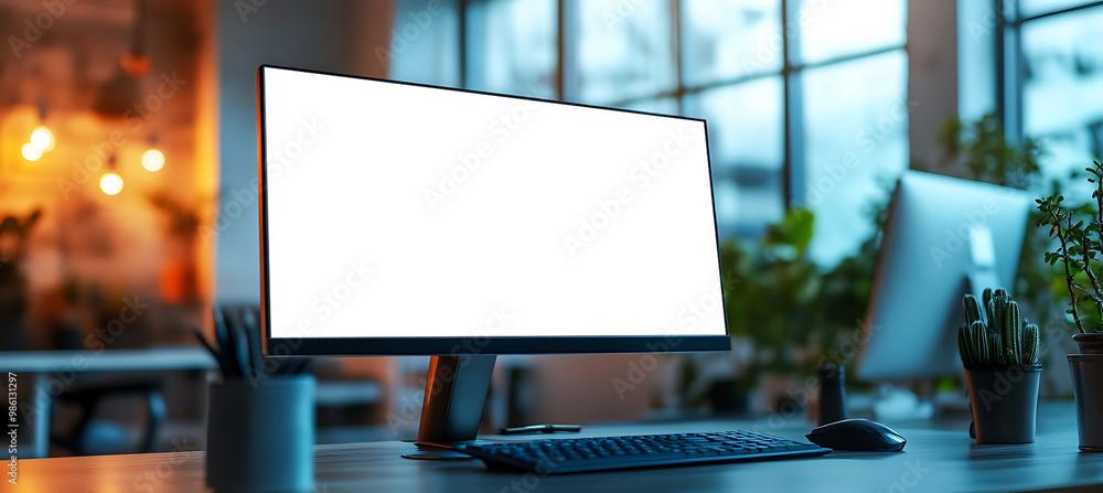 Poster clean and professional computer screen mockup in a corporate office - transparent png banner for use