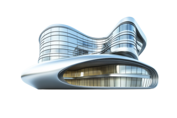Futuristic office building with curved structures and metallic finish isolated on white background showcasing innovative design elements and bold geometry
