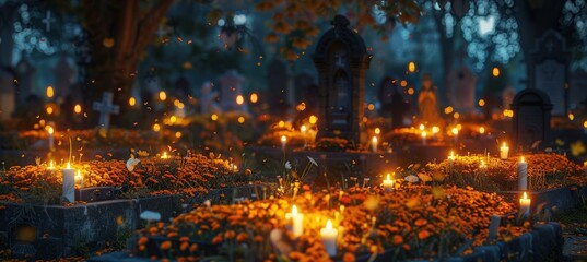 Day of the Dead Cemetery at Dusk with Marigold Petals and Candlelight for Honoring Loved Ones