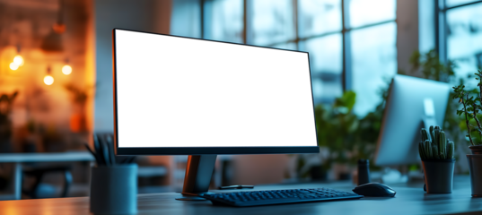 Clean and Professional Computer Screen Mockup in a Corporate Office - Transparent PNG Banner for Use in Digital Marketing and Design Projects
