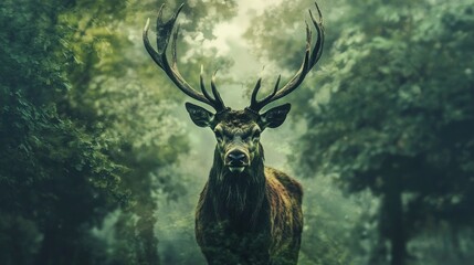 Fototapeta premium A deer with large antlers fades into a lush forest in a double exposure, symbolizing the wilderness.