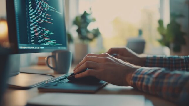 Developer working on code on a bright sunny day, hands on keyboard with a large monitor.