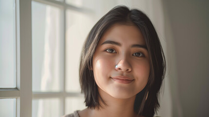 Sweet beautiful Indonesian woman with brown skin, short black hair 