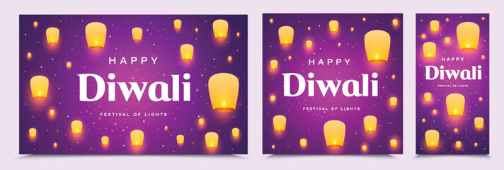 Happy Diwali Light Festival Greeting Card Background Vector. India Diwali Festival Of Lights Banner with Sky Lanterns, Floating Lamps, Flying Lights, Diya Illustration. 