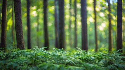 Fototapeta premium Blurred bokeh of a lush, green forest