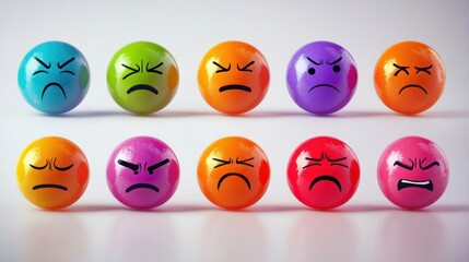 Fototapeta premium Ten colorful spheres with angry expressions, arranged in two rows on a white background.