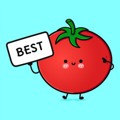 Cute Tomato with poster best. Vector hand drawn cartoon kawaii character illustration icon. Isolated on blue background. Tomato think concept