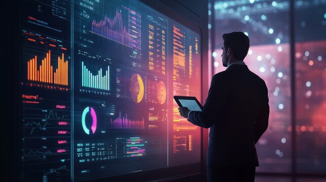 A businessman standing in front of a large presentation screen, analyzing sales data and discussing strategies for optimizing performance and driving revenue growth. Generative AI.