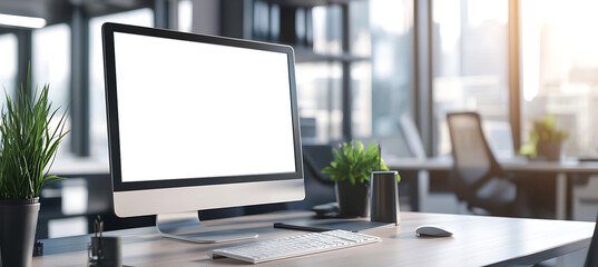 Stylish Office Setup Featuring a Computer Screen Mockup - Transparent PNG Banner for Creative Professionals, Designers, and Digital Content Creators
