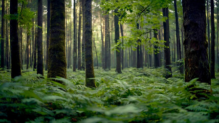 Obraz premium Blurred bokeh of a lush, green forest