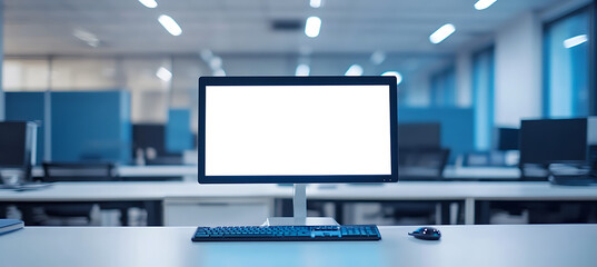 Naklejka premium Stylish Office Setup Featuring a Computer Screen Mockup - Transparent PNG Banner for Creative Professionals, Designers, and Digital Content Creators 