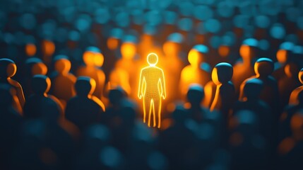 Obraz premium A glowing figure highlighted in a crowd, representing individuality and career development potential.