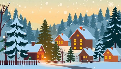 Naklejka premium winter landscape with houses and trees