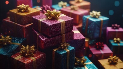 A group of festive wrapped presents stacked on top of each other, creating a unique and colorful pyramid of gifts, Black Friday