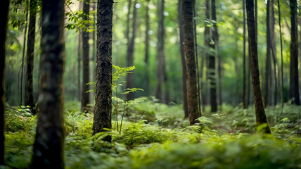 Fototapeta premium Blurred bokeh of a lush, green forest