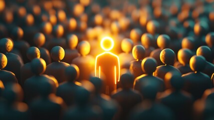 Obraz premium A glowing individual in a mass of people, representing personal achievement and career progression
