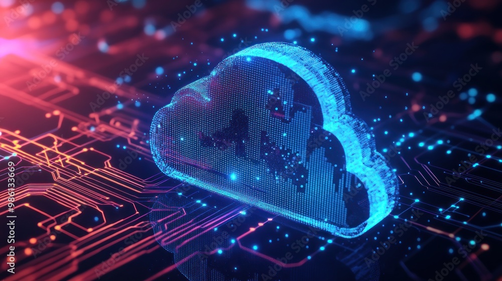 Poster abstract cloud computing concept with glowing blue cloud and red circuit board.
