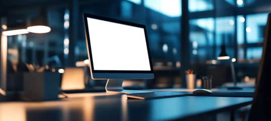 Minimalist Computer Screen Mockup in a High-Tech Office Environment - Transparent PNG Banner Ideal for Website Headers and Business Advertisements
