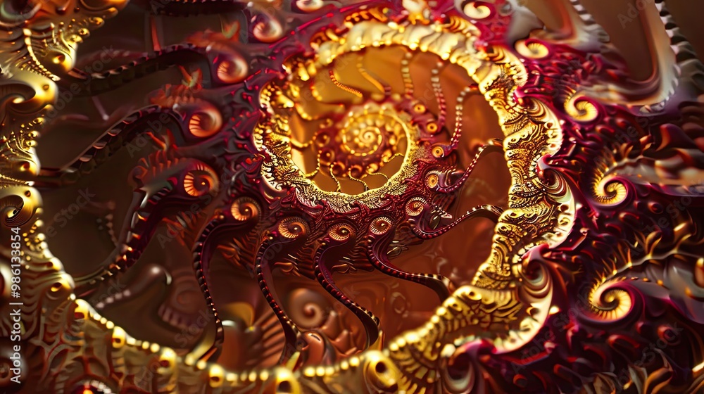 Sticker gold and crimson fractal background with interconnected spiral patterns