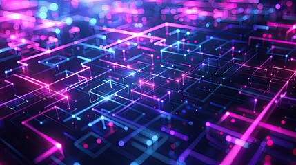 Futuristic 3D fractal background with purple and cyan neon digital grid patterns