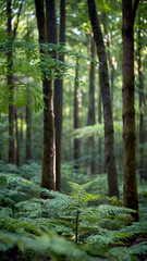 Blurred bokeh of a lush, green forest