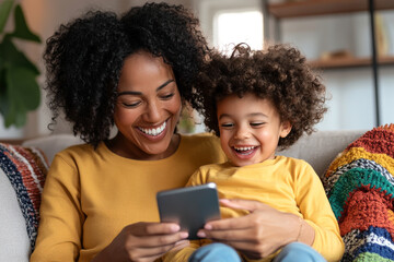 Obraz premium Mother and child enjoying a moment on cozy sofa together