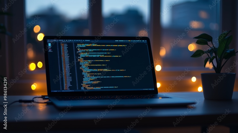 Poster Laptop with programming code on screen in a dimly lit room with blurred city lights in the background. Evening coding session for software development and IT professionals.