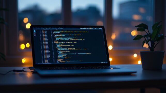 Laptop with programming code on screen in a dimly lit room with blurred city lights in the background. Evening coding session for software development and IT professionals.