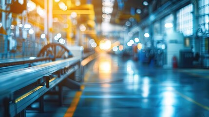 Fototapeta premium Blurred factory with assembly lines and equipment soft light creates depth