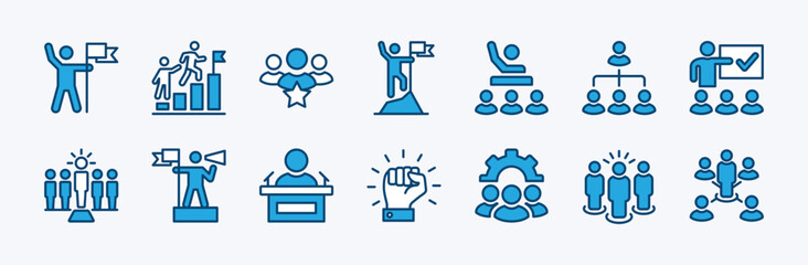 Set of leadership icon. Containing business teamwork, organization management, manager, strong man, training, partnership, campaign, adviser, achievement, hierarchy, success vector illustration