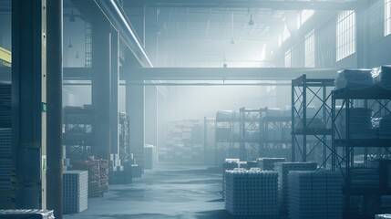 Fototapeta premium Blurred industrial storage facility with shelving units and soft diffused light