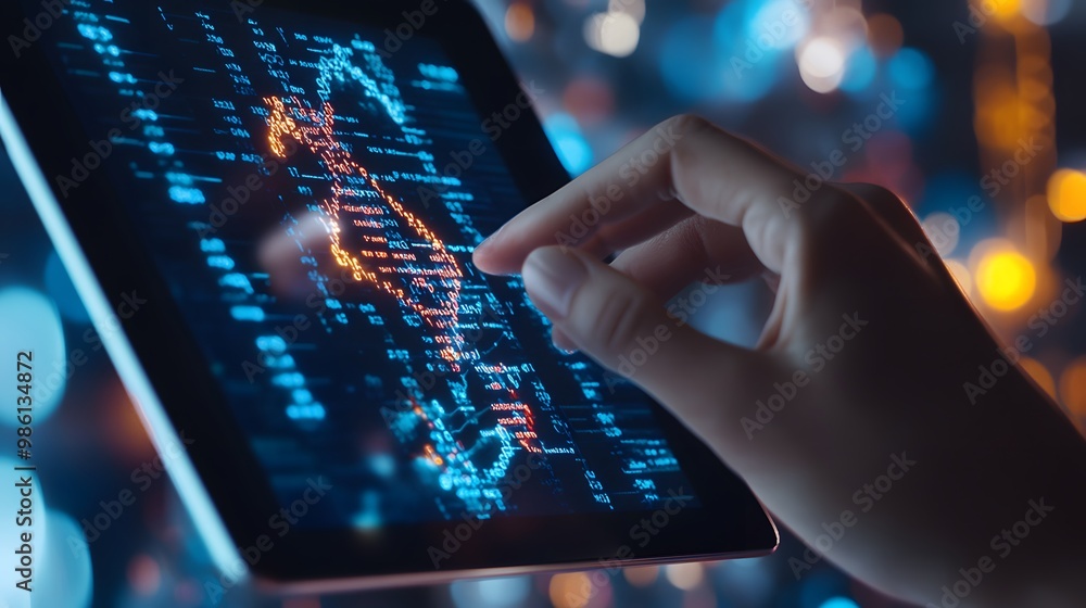 Poster a hand interacting with data visualization on a tablet